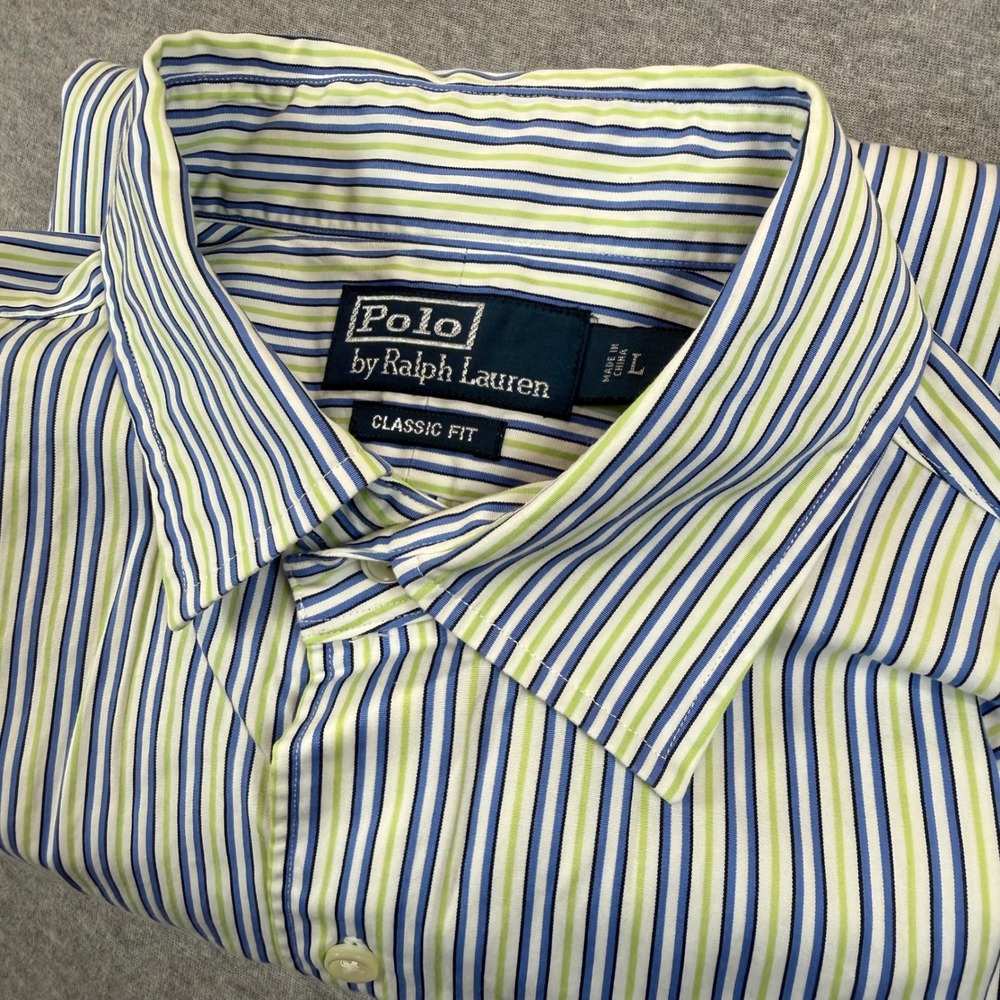 Polo Ralph Lauren Mens Large Classic Fit Striped Button Down Shirt Blue Green